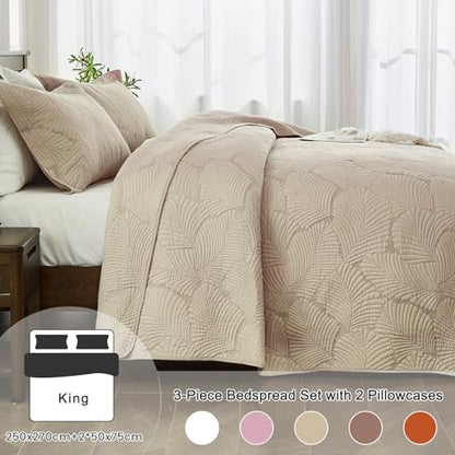 Qucover Quilted Bedspreads Soft and Comfortable Cotton Bedspread Super King Size with Elegant Embroidered Palm Leaf Pattern, 3 Pieces Bedspreads