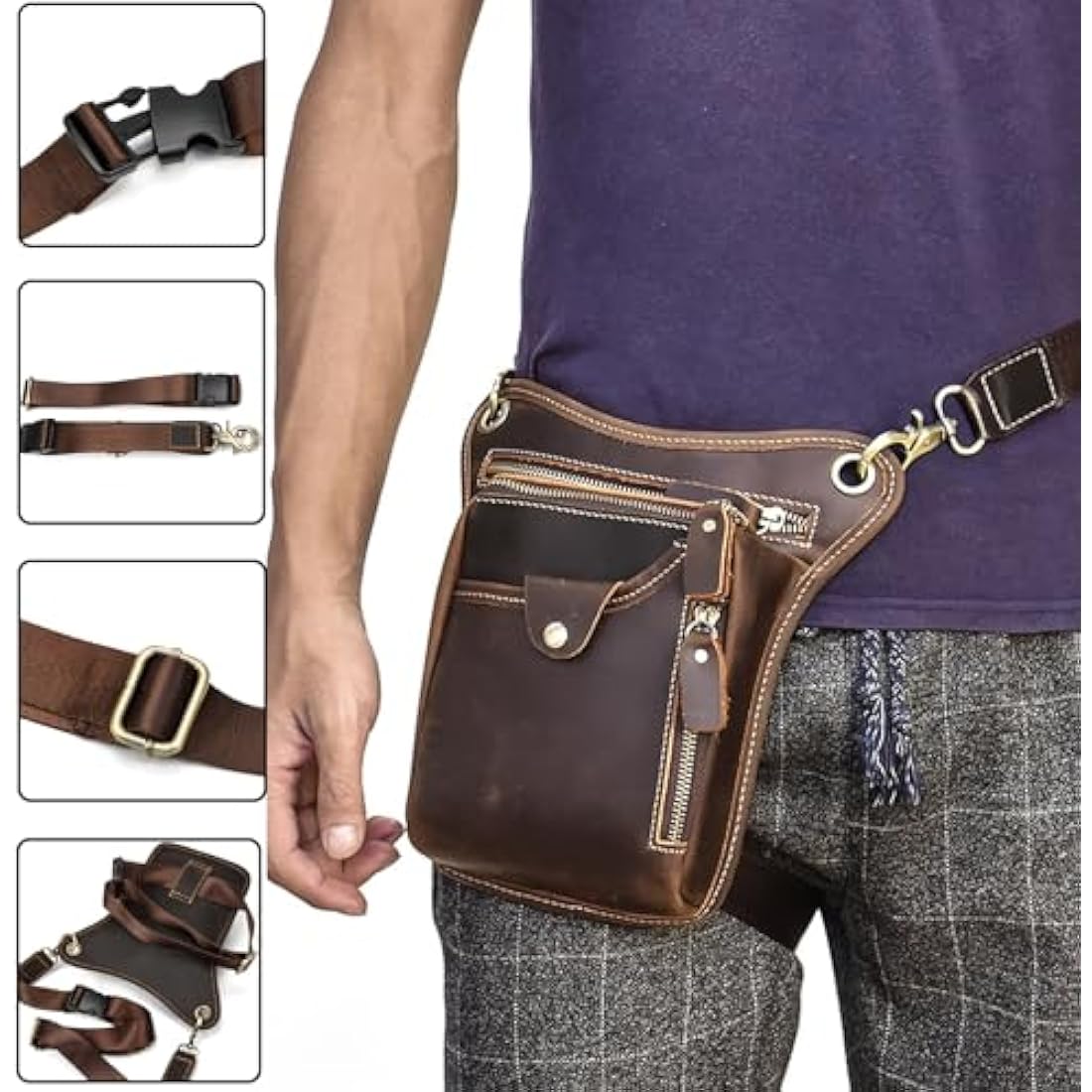 Mens Genuine Leather Messenger Shoulder Bag Motorcycle Bike Riding Cycling Multi-Purpose Thigh Waist Fanny Pack Travel Hiking Sports Camping Pouch, Dark Brown