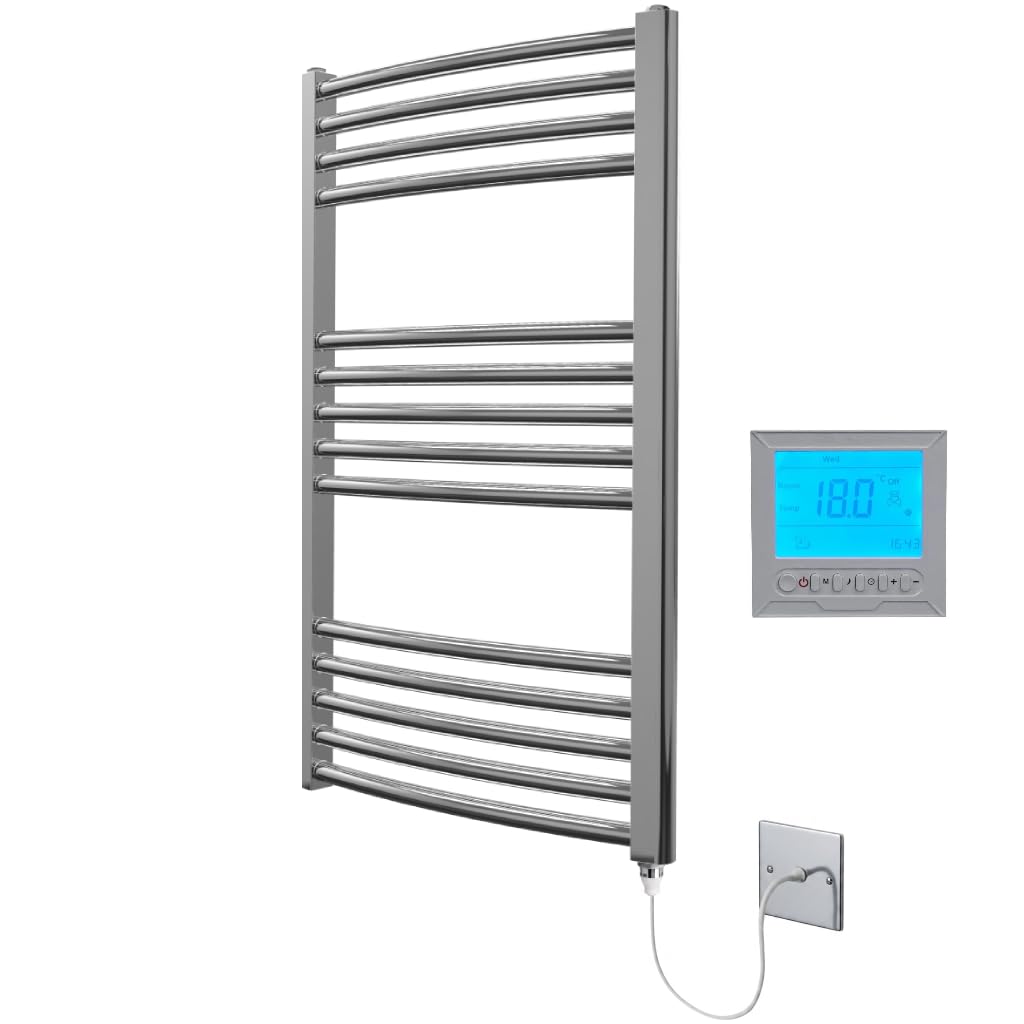 Greened House Electric Chrome 500W x 800H Curved Towel Rail + Timer and Room Thermostat Bathroom Towel Rails