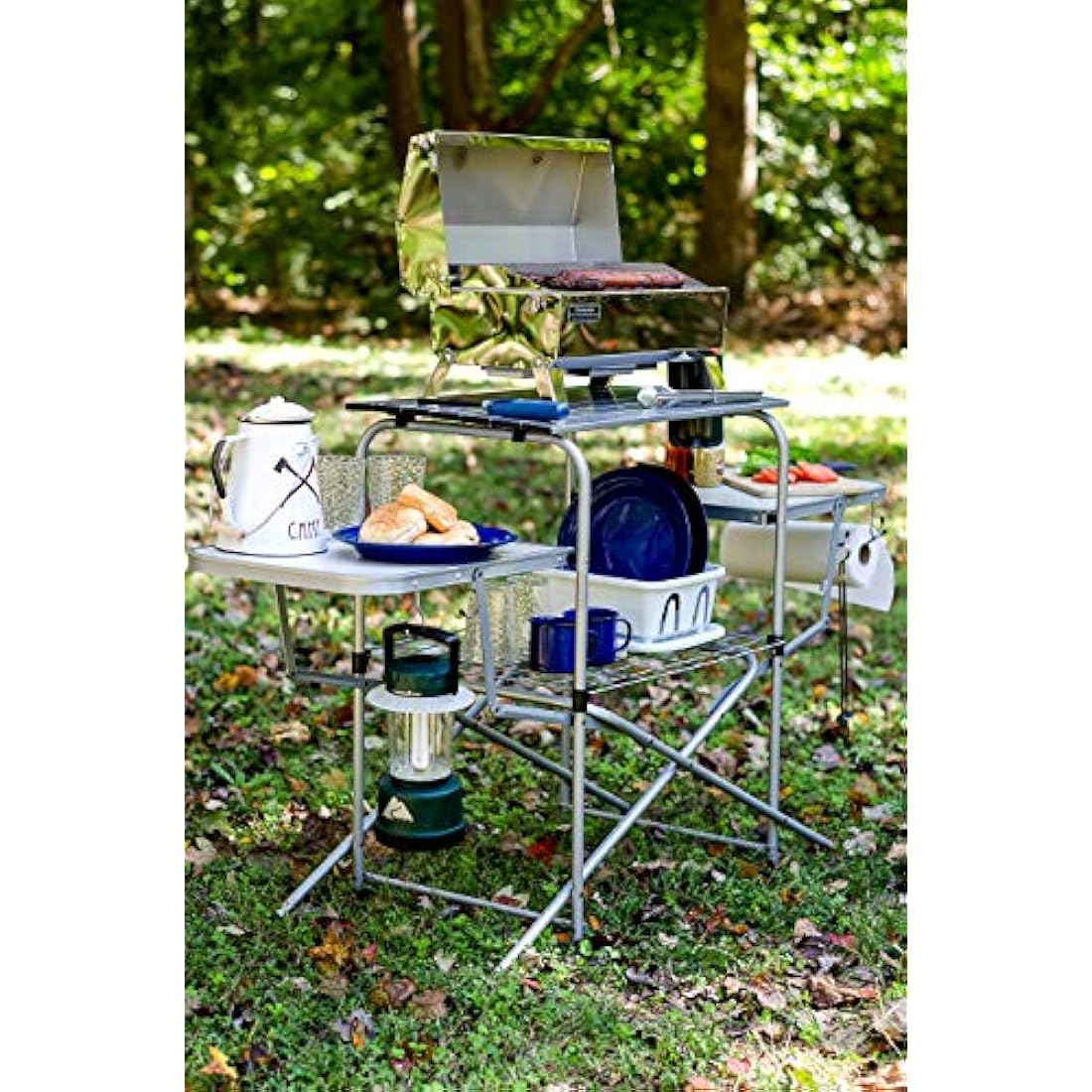 Camco Olympian Deluxe Portable Grill Table | Provides Plenty of Room for Grilling Gear | Ideal for Picnics, Camping, Boating, Tailgating, and Backyard BBQs | (57293)