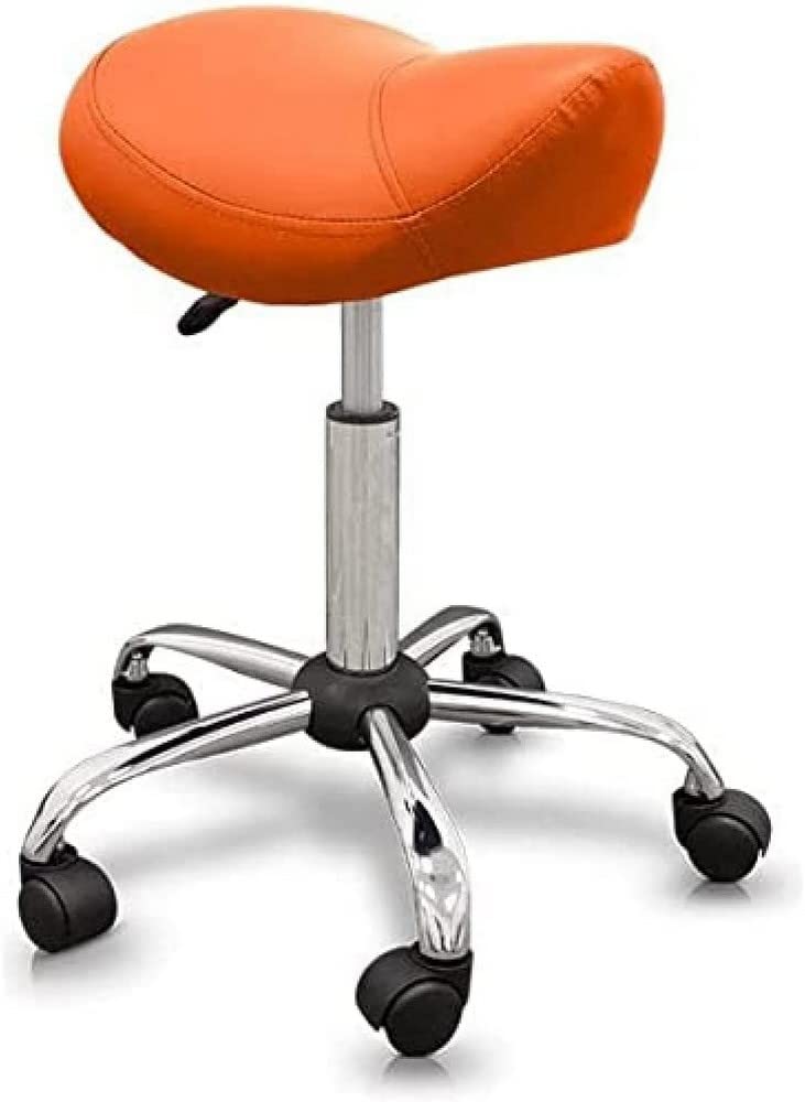 QUIRUMED Ergonomic Pony Stool with Steel Base, Orange, Upholstered in Leatherette, Adjustable Height, Padded Seat, Swivel Wheels, Up to 150 kg