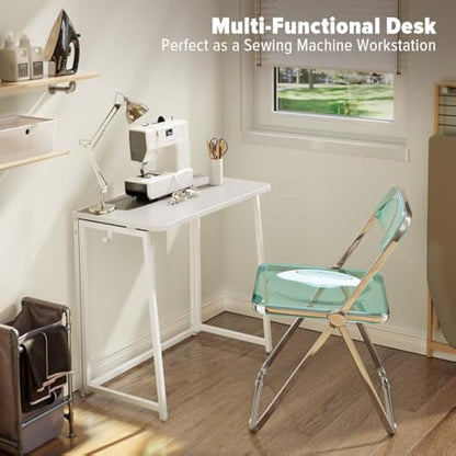 WOHOMO Folding Desk,80cm Small Desk for Small Spaces,Easy Assemble Foldable Computer Desk for Laptop,Mini Portable Working Table Narrow Wooden Writing Workstation for Home Office,White