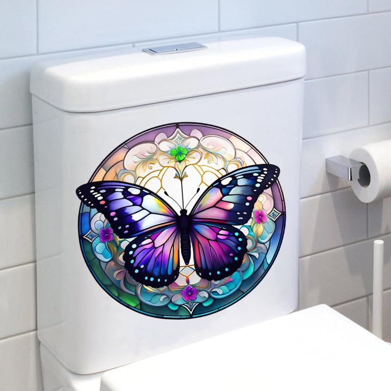 Butterfly Flowers Toilet Cover Sticker Decals,Colorful Butterfly Flowr Waterproof Toilet Lid Tank Seat Decals Cistern Self-Adhesive Bathroom Wall