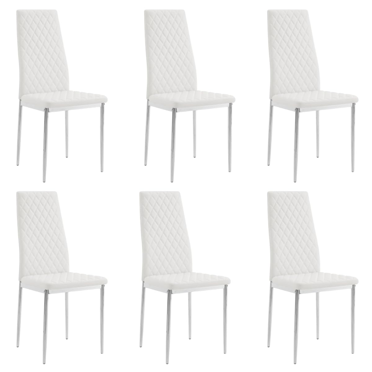Home Detail Sierra Set of 6 Dining Chairs, White Faux Leather, Silver Legs