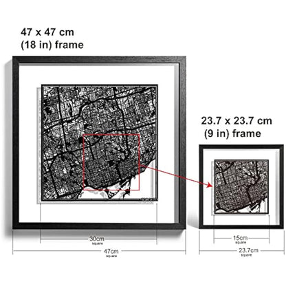 O3 DESIGN STUDIO Toronto Paper Cut Map framed, Black map, Black frame, 9x9 inches, Gift Boxed, 2 background color, self-changing, Paper Art