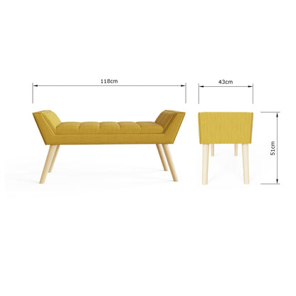GFW Milan Upholstered Bench, Mustard Bench with Solid Wood Legs, Scandi Style Bedroom, Hallway and Window Seat