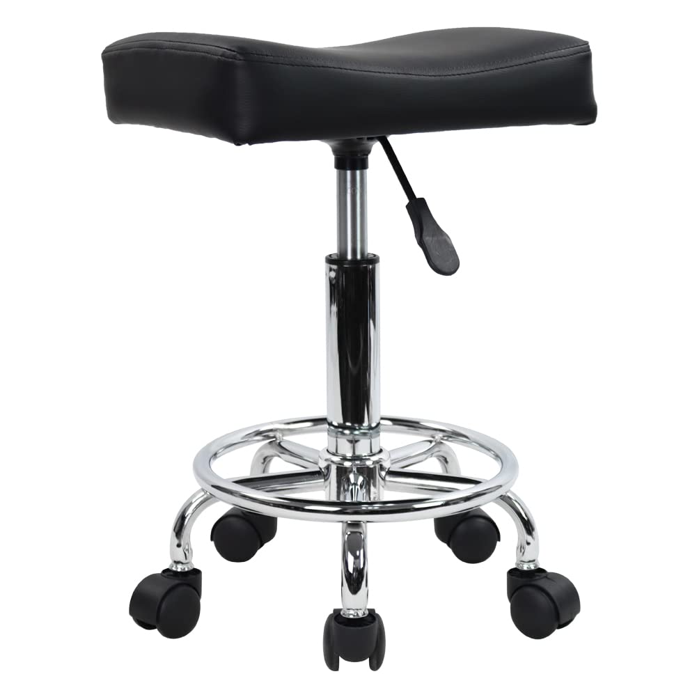 KKTONER Square Rolling Stool PU Leather Height Adjustable Swivel Massage SPA Salon Stools Task Chair with Wheels Black