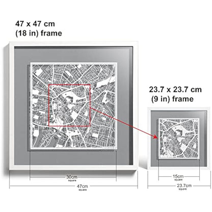 O3 DESIGN STUDIO Cambridge Paper Cut Map framed, White map, White frame, 9x9 inches, Gift Boxed, 4 background color, self-changing, Paper Art
