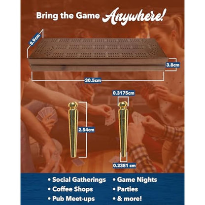 WE Games Cribbage Board With Pegs - Travel Board with 9 Metal Pegs & Playing Cards for Fun Family Game Night, Walnut Stained