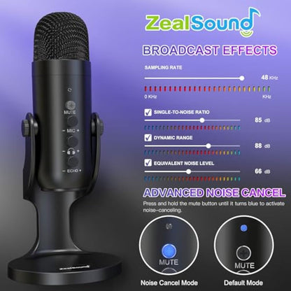 zealsound USB Microphone, PC Phone Podcast Mic, Condenser Gaming microphones for PS4&5, W/Quick Mute, Echo/Gain knob, Plug & Play for Streaming, Vocal Recording, ASMR, YouTube,Twitch on Mac Windows