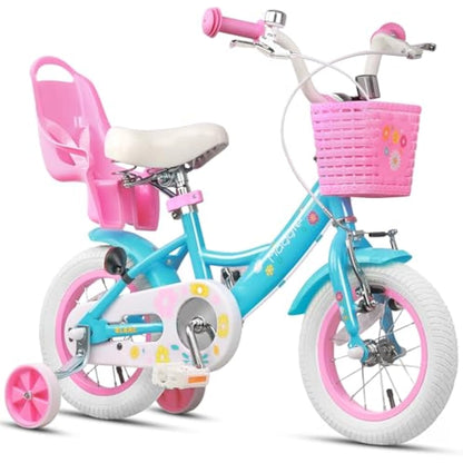 Glerc Maggie 12 Inch Kids Bike for 2-13 Years Old, Girls Bicycle with Doll-Seat & Basket & Stabilisers & Kickstand, Multiple Colors