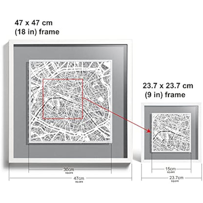 O3 DESIGN STUDIO Paris Paper Cut Map framed, White map, White frame, 9x9 inches, Gift Boxed, 4 background color, self-changing, Paper Art