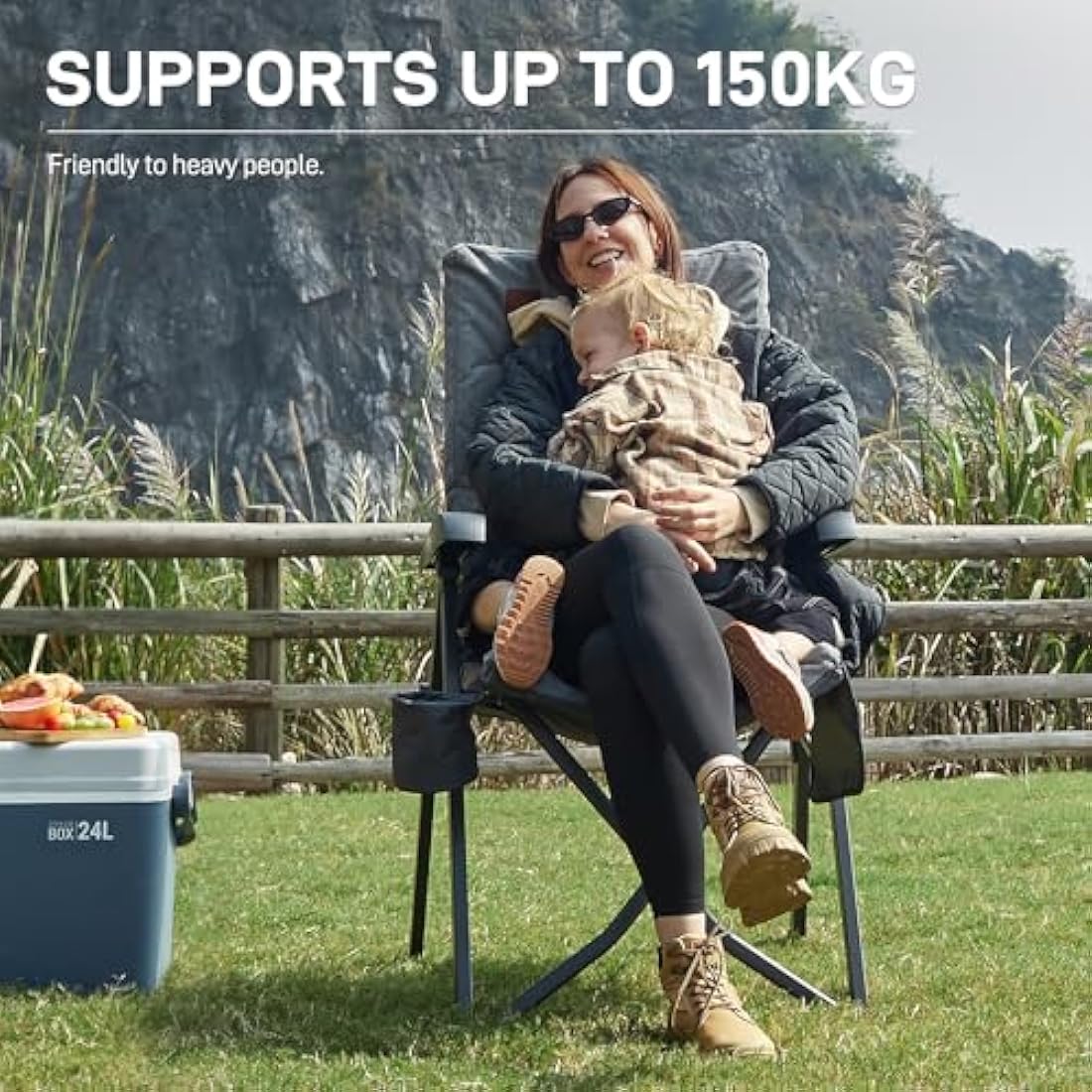 EVER ADVANCED Luxury Camping Chairs for Adults Heavy Duty Loadable 150kg High Back Oversized Folding Garden Chair Padded 6cm Comfy with Cup Holder Side Pocket Dining Chairs 4-Position Recliner