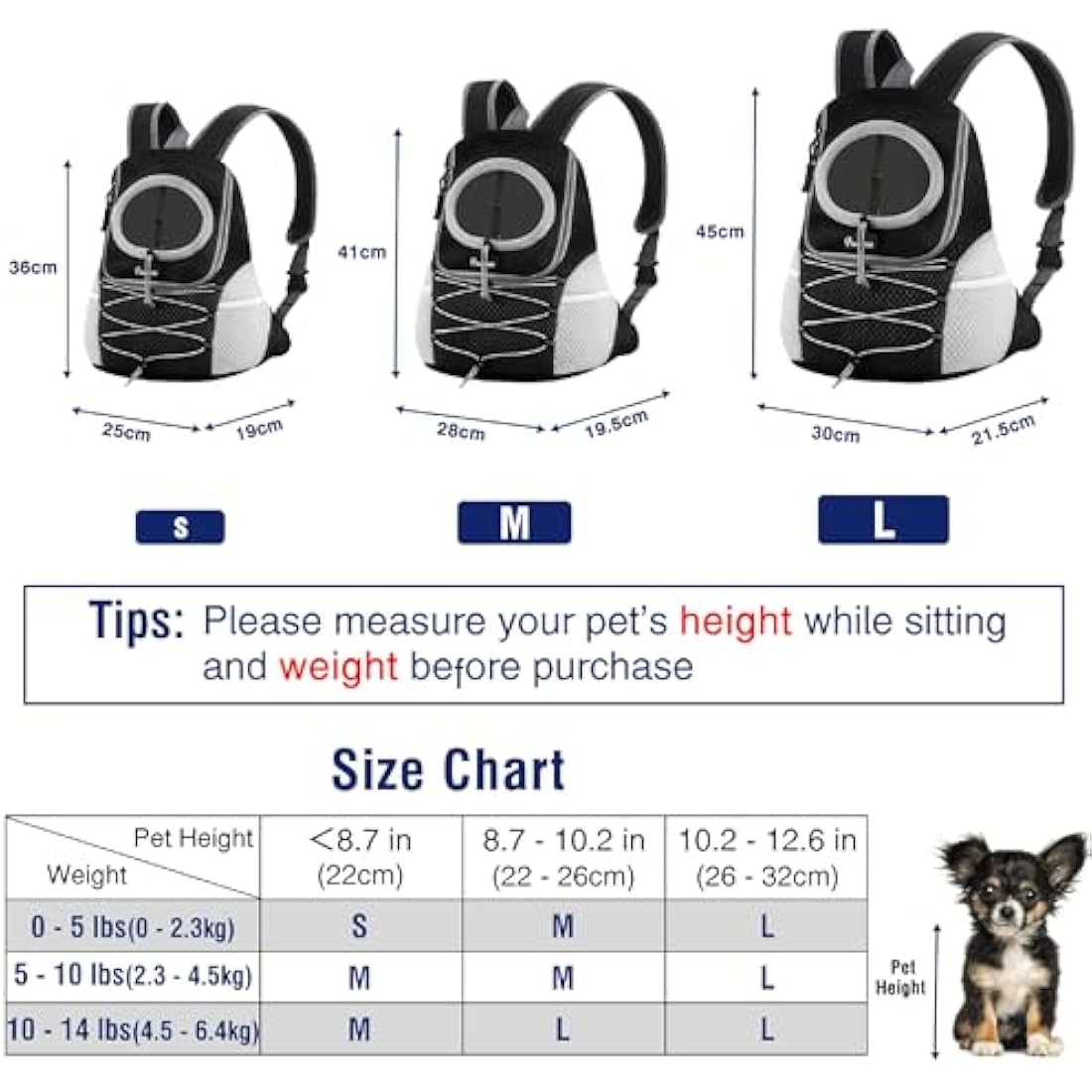 Pawaboo Pet Dog Carrier Backpack, Puppy Dog Travel Carrier Front Pack for Small Medium Dogs Cats, Adjustable Breathable Dog Carrying Backpack with Safety Strips for Hiking Travel Outdoors, Black M