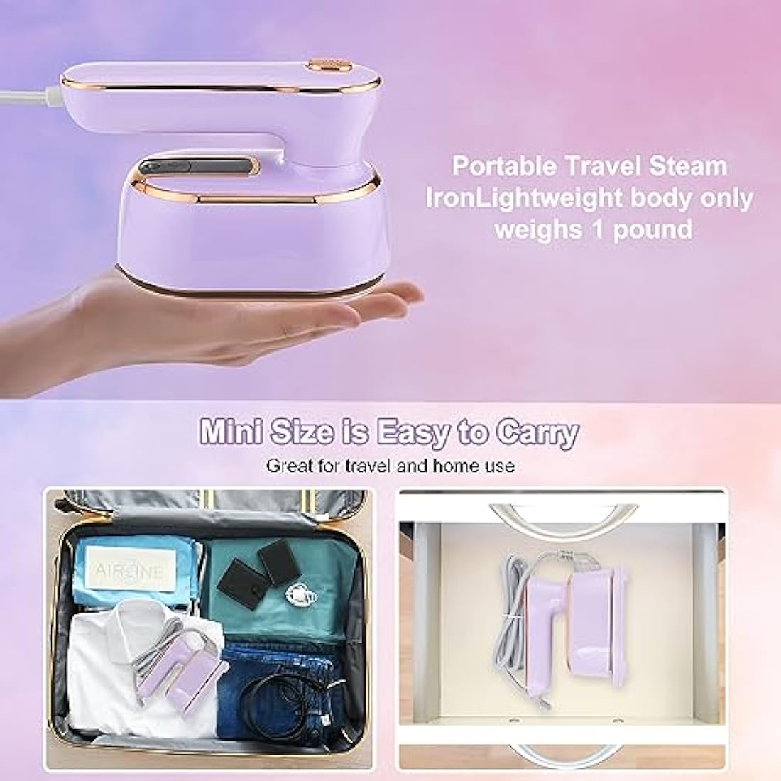 Travel Steam Iron, 1090W Foldable Mini Steam Iron Handheld, Travel Steamer for Clothes Supports Wet and Dry Ironing, 15s Fast Heat Up, Portable Steamer Iron for Home and Travel