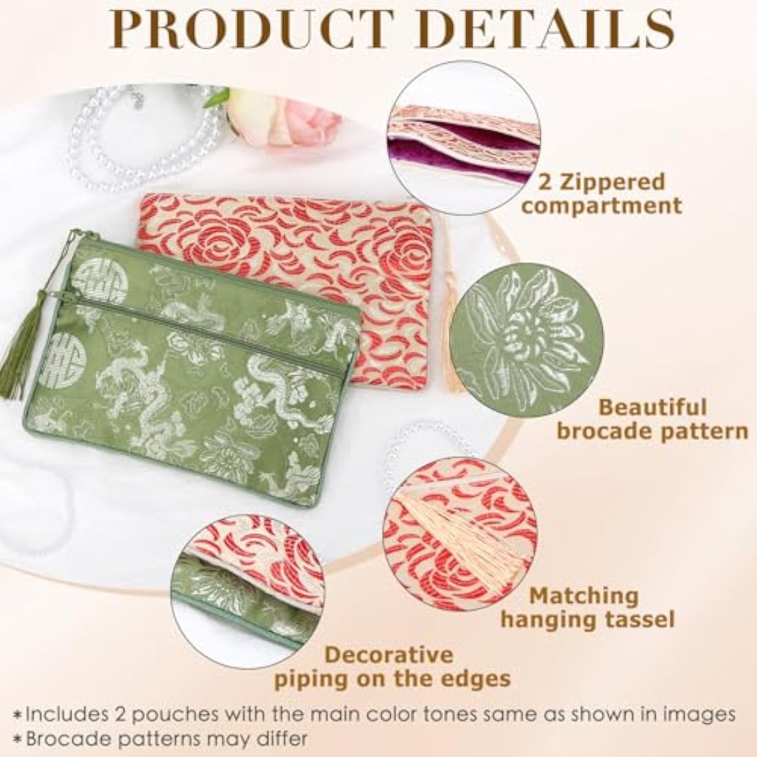 kilofly Chinese Silk Brocade 2 Zipper Pockets Tassel Jewelry Pouch Bag, Set of 2