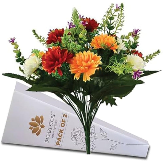 Bagari Artificial Flowers 2pc, Large Mixed Bush Grave Flowers, 41cm Fake Flowers for Decoration, Ivory - Red - Orange Artificial Flowers for Outdoor & Indoor Events Wedding Party Home Decoration