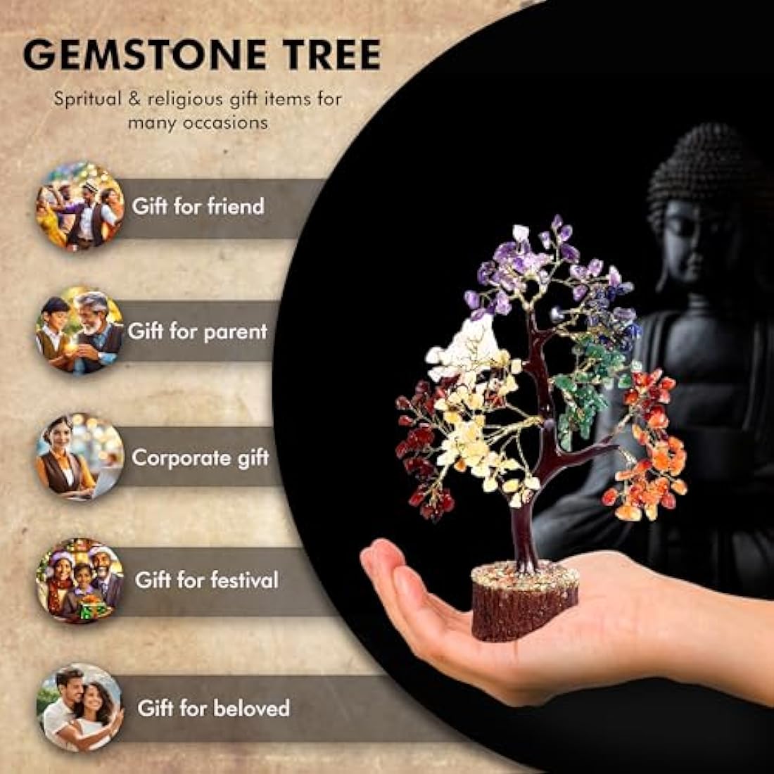 Wonder Care 7 Chakra Tree for Positive Energy Home Decorations and Healing Crystal Tree with M-Seal & Golden Wire | Money Tree | Crystal Decor | Multi Crystal | Feng Shui Decor (150 Beads)