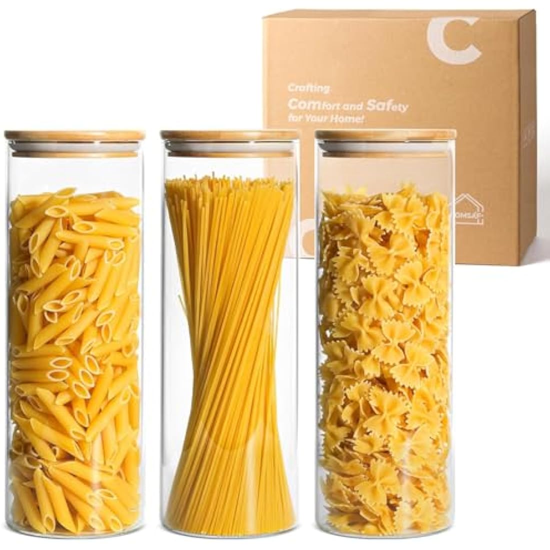ComSaf 1.9L Glass Spaghetti Pasta Storage Container with Lids Set of 3, Tall Clear Airtight Food Storage Jar with Cover Kitchen Pantry Storage Container for Noodles Flour Cereal Coffee Beans