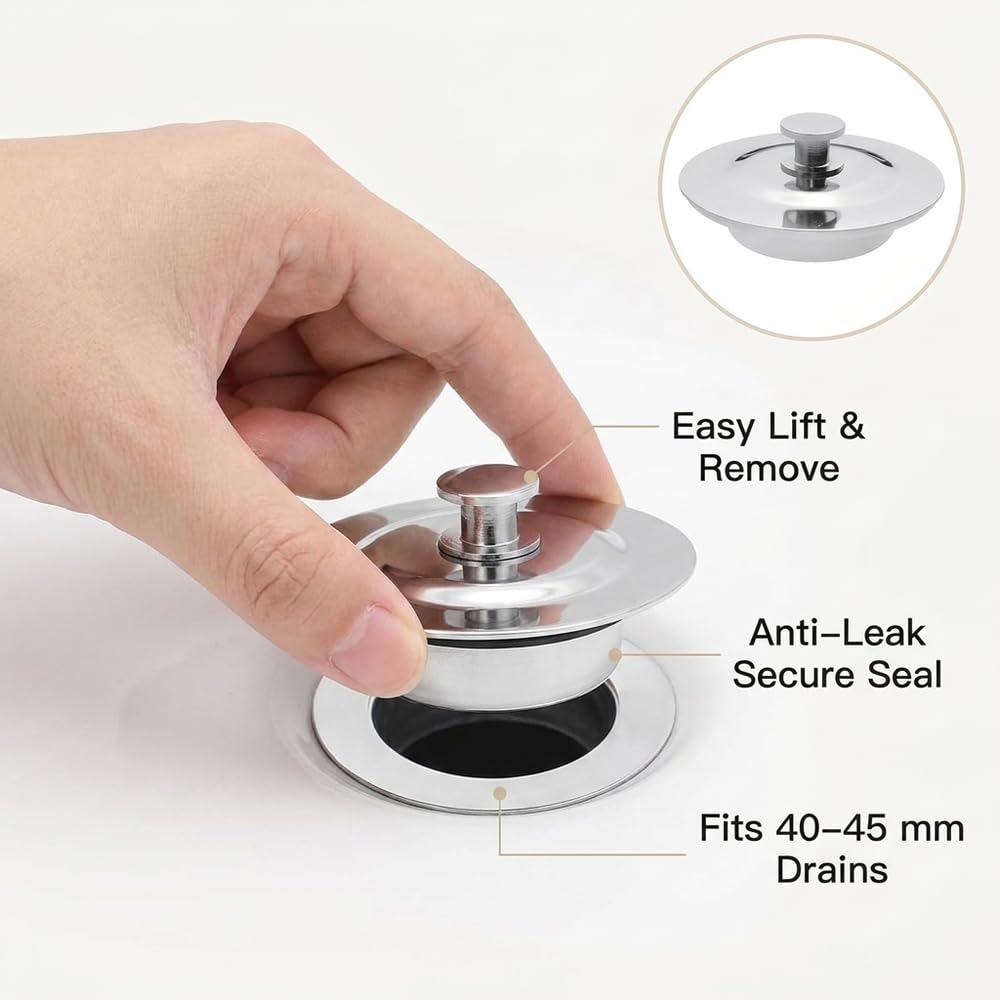 Bath Plug 40-45mm Hole, Stainless Steel Bathtub Plug with Anti-Leak Seal, Secure Fit Drain Stopper Replacement, Durable Easy-Use Plug for Tub and Sink