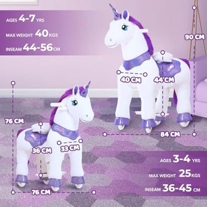 PonyCycle Essential Model E Ride on Unicorn Kids Scooter with Brake (Purple/Size 3 for Age 3-4) Pony Cycle Toddler Rocking Unicorn Mechanical Riding Toy - E313