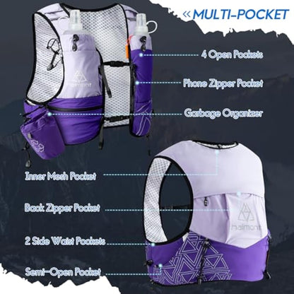 Haimont Hydration Running Vest with Water Bottles for Women Men, Adjustable Lightweight 8L Water Backpack with Soft Flasks for Trail Running Marathon