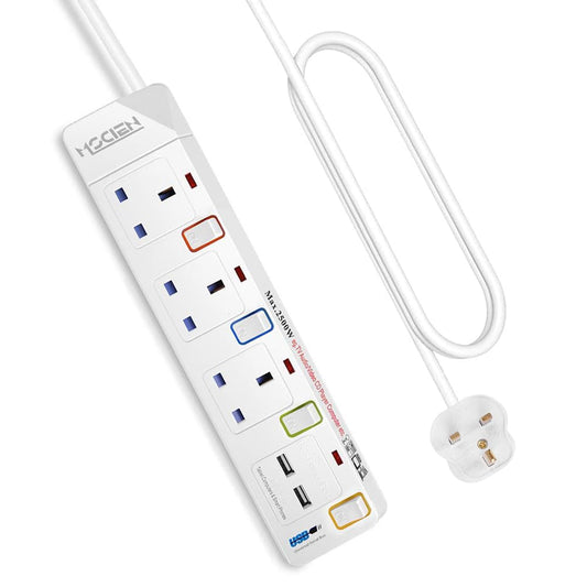 3 Way Extension Lead with 2 USB Slots, Mscien 3M Extension Lead, Multi Plug with Individual Switches Power Strips, Mountable Extension Cord for Home