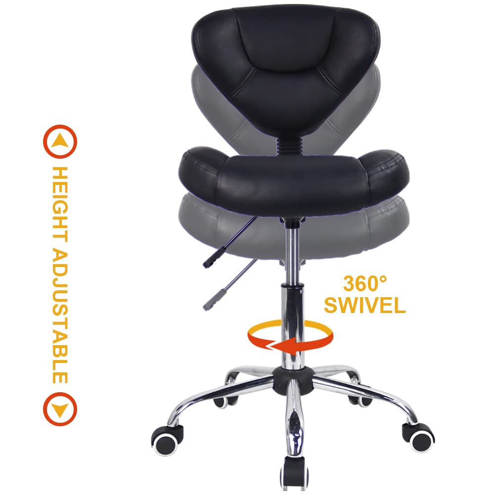 WKWKER Ergonomic Rolling Stool With Thick Cushion PU Leather Height Adjustable Swivel Stool For Work SPA Salon Tattoo With Back (Black)