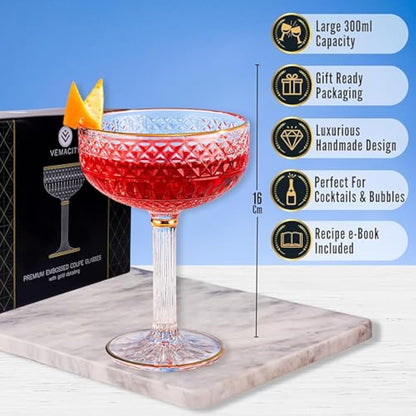 Art Deco Espresso Martini Glasses with Gold Rims| Coupe Cocktail Glasses Set of 2 | Handmade Crystal | Quality Champagne Coupe/Champagne Saucers + Recipe PDF| Large Cocktail Glass | Serve Mocktails