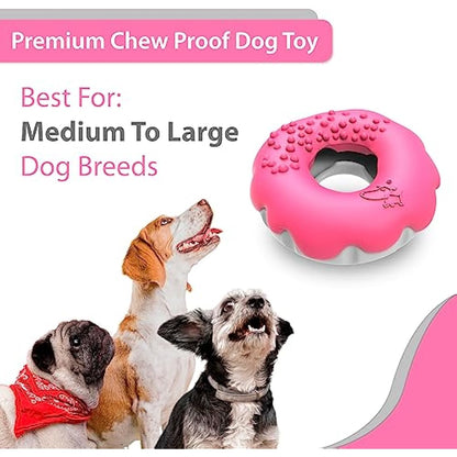 PetBuds Indestructible Dog Toys - Interactive 2 in 1 Treat and Chew Toy for Boredom - Doughnut Shape (Shocking Pink)