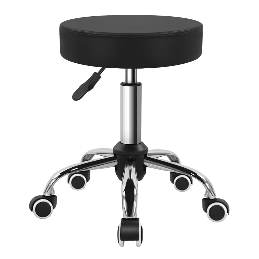 BFTOU Black PU Leather Swivel Stool on Wheels Perfect for Salon Work Home SPA Shop Height-Adjustable and Cost-Effective Rolling Stool Chair Small