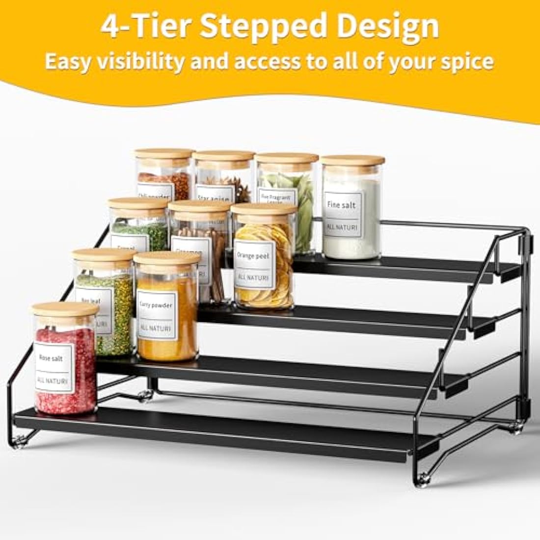 ZDDLOINP 4-Tier Spice Rack for Countertop, Kitchen Spice Rack, Depth Adjustable Spice Racks Organiser for Counter, Cupboard, Pantry (1 Pack NOT INCLUDE SPICE JARS)