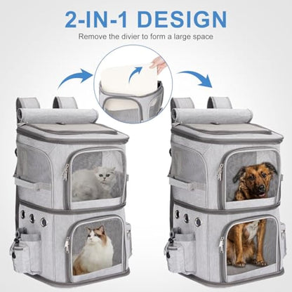 FASNATI Double-Compartment Pet Carrier Backpack, Cat Carrier Backpack for 2 Cats, Small Dogs, Perfect for Traveling/Hiking/Camping, Grey, XL