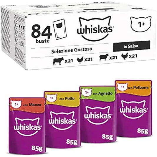 whiskas 1+ Adult Classic Selection in Gravy 84 Pouches, Adult Wet Cat Food, Megapack (84 x 85 g)