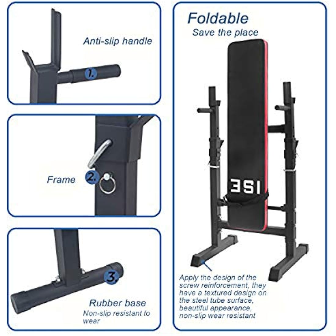 ISE Multifunction Weight Bench Fitness Weight Training Bench Set with 5 Levels Adjustable Shelf（91-110CM）and Dip Handles, Home/Gym Exercise Foldable, SY-544