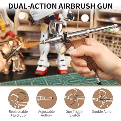 Bucasso Airbrush Kit, Air Brush Spray Gun with 0.3mm/0.5mm/0.8mm Needles/Nozzle Sets, 3cc/7cc/11cc Replaceable Fluid Cup for Painting Model Nails Cake Tattoo Makeup (Walnut01)