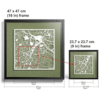 O3 DESIGN STUDIO Stuttgart Paper Cut Map framed, White map, Black frame, 9x9 inches, Gift Boxed, 4 background color, self-changing, Paper Art
