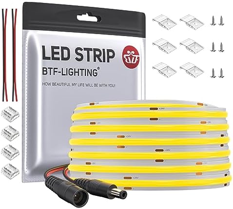 BTF-LIGHTING FCOB COB LED Strip Warm White 3000K Flexible High Density Uniform Light Dimmable LED Strip Light CRI90+ 10M 336LEDs DC24V 8W/m LED Ribbon for DIY Indoor Lighting Projects