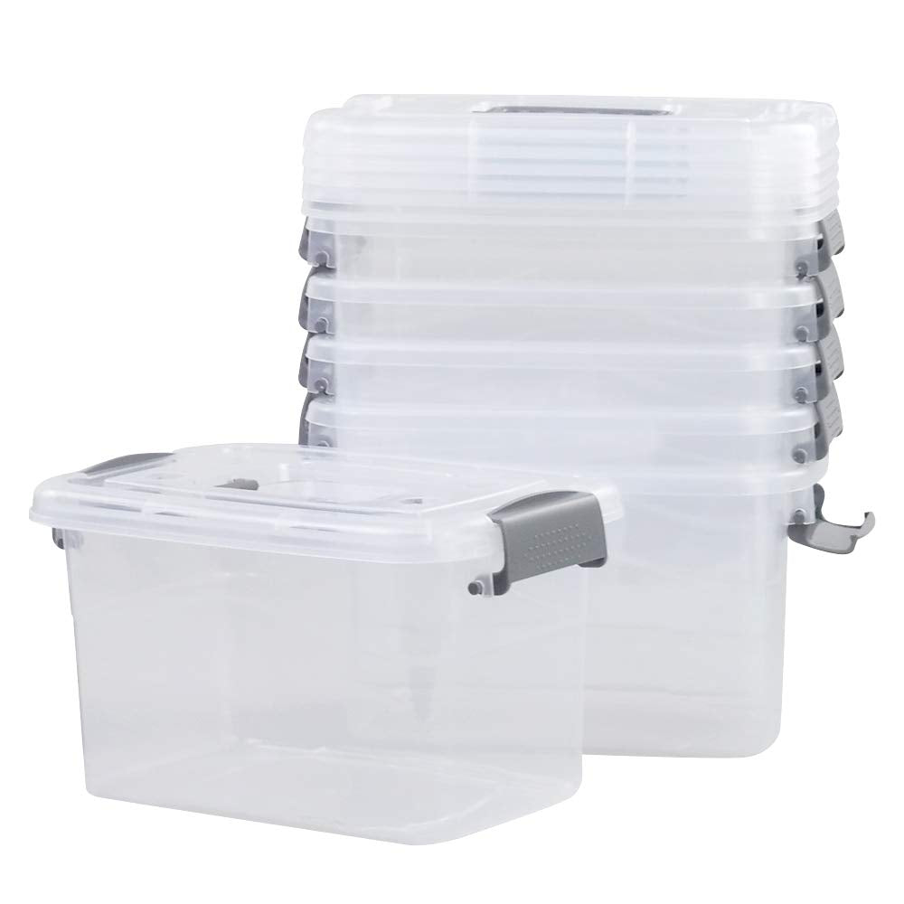 Minekkyes 6-Pack Home Storage Bins, Plastic Container, Latching Box with Handle (Grey Handle)