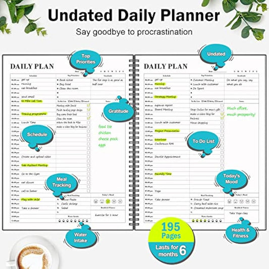 Planner Undated, Asten Daily Planner Agenda with To Do List, Hourly Schedules for Women and Men, Spiral Appointment Book with Elastic Closure, Inner Pocket 21.6 x 28cm (Black)