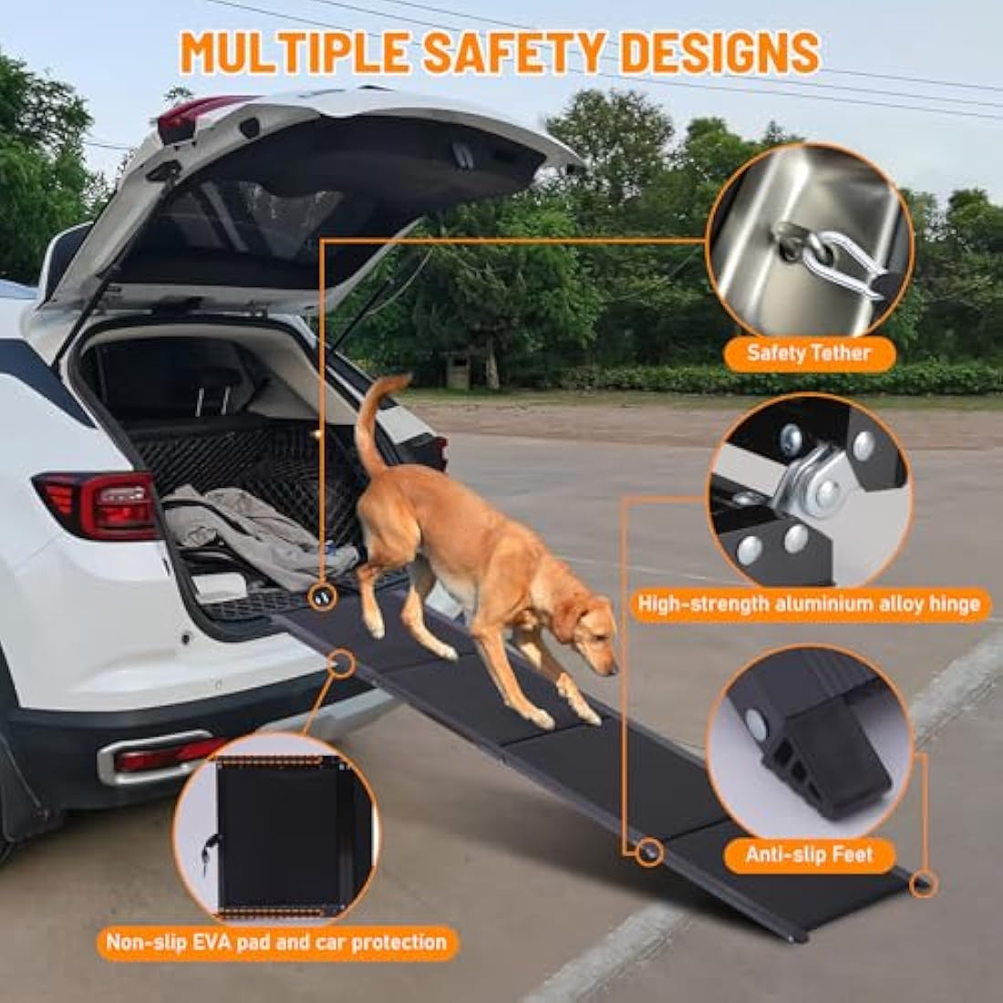 FASNATI Dog Car Ramp, Folding Dog Ramp for Car with Non-Slip Surface, Lightweight Aluminum Frame, Portable Pet Ramp for Medium, Large, and Older Dogs to Get into Cars and SUVs