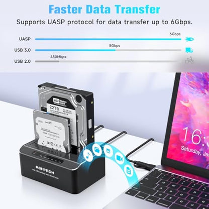 RSHTECH Hard Drive Docking Station Dual Bay, Aluminum External 2.5 & 3.5 inch SATA HDD/SSD Enclosure , USB 3.0 Type-C/A to SATA HDD Caddy, Supports UASP, Offline Clone, Tool-Free, 2x 22TB (RSH-DS01C)