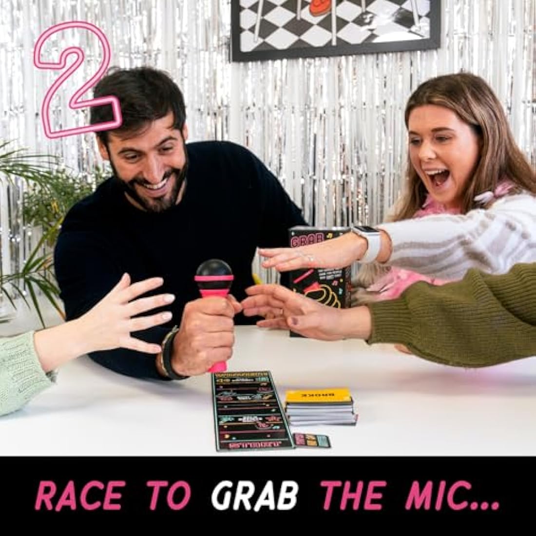 Lucky Egg Official Grab the Mic – Family Karaoke Game, 8+ Year Olds, 2-10 Players - Board Game for Bad Singers with 250 Lyrics (125 Cards) for Hilarious Nights & Birthday Party, Kids Gift