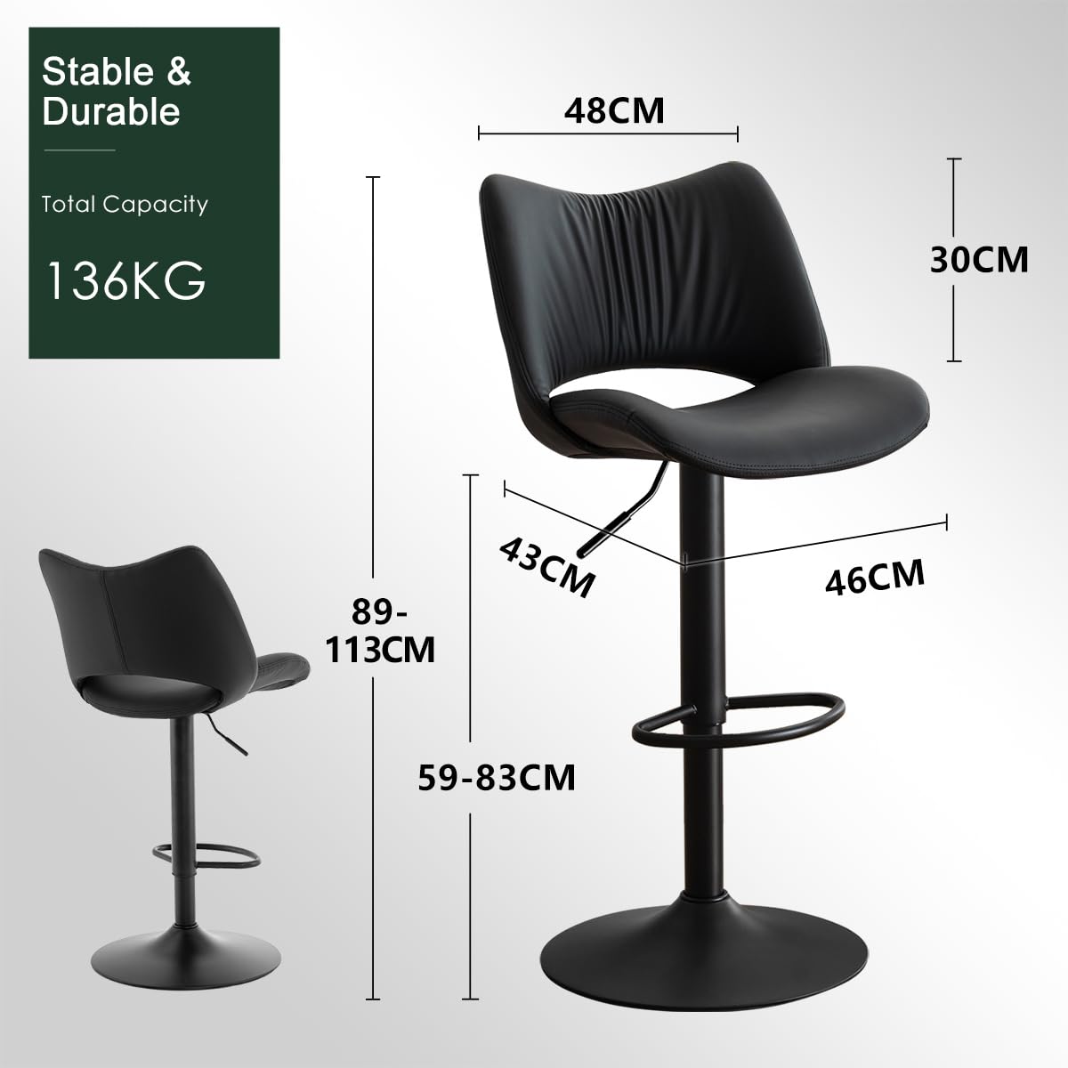 YOUNUOKE Single Bar Stool, Swivel Counter Height Barstool, Black