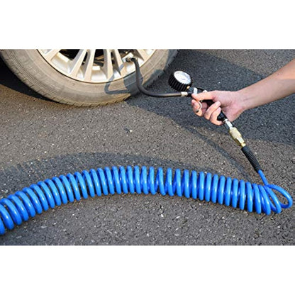 YOTOO 2 Pcs Air Compressor Hose Polyurethane Recoil 10m Long 6mm ID x 9.5mm OD with Bend Restrictor, 1/4" Europe Quick Coupler and Plug, Blue