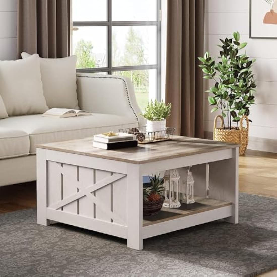 YITAHOME Coffee Table with Storage,Square Wood Modern Rustic Coffee Table for Living Room,Farmhouse Grey Wash Coffee Tables with Half Open Storage Compartment