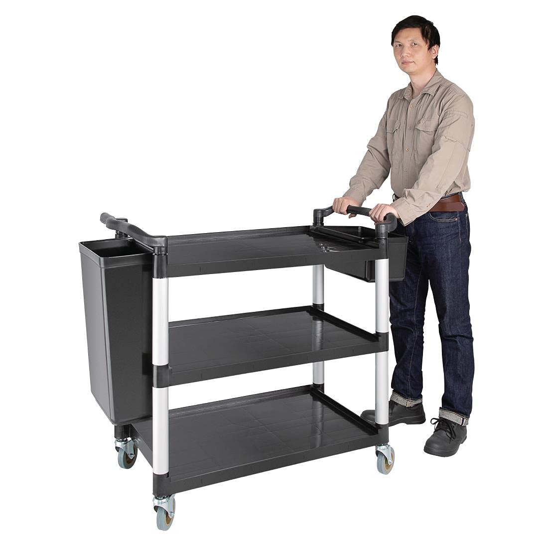 Vogue Polypropylene Plastic Reusable Mobile Trolley - Large, Black, 200 kg Capacity, Size: 960x520x1070 mm