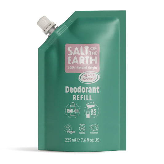 Salt of the Earth - Natural Deodorant Roll On Refill Pouch, x3 Uses - Melon & Cucumber - Vegan, Long Lasting Protection, Leaping Bunny Approved, Made