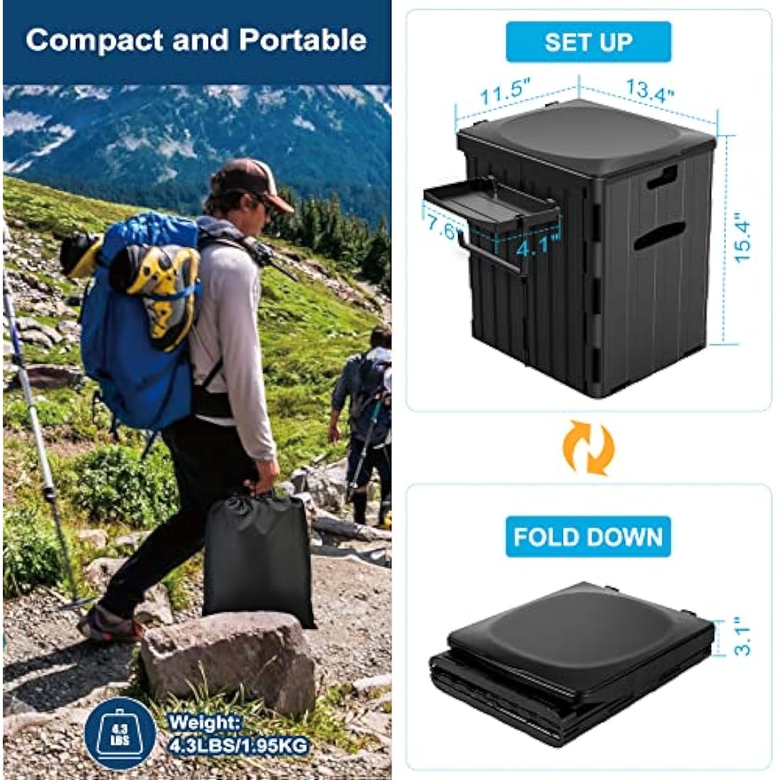 XL Portable Toilet for Adults, Extra Large 15.4" H Foldable Camping with Detachable Phone Shelf and Paper Holder, Waterproof Porta Potty Lid Camping, Hiking, Long Road Trips, Car