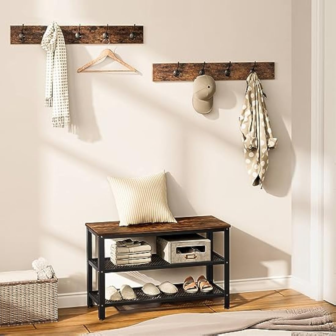 HOOBRO Coat Rack Shoe Bench Set, Hall Tree, Coat Stand Bench Set with 9 Hooks and Shelf, Multifunctional, for Hallway, Bedroom, Living Room, Rustic Brown and Black EBF17MT01